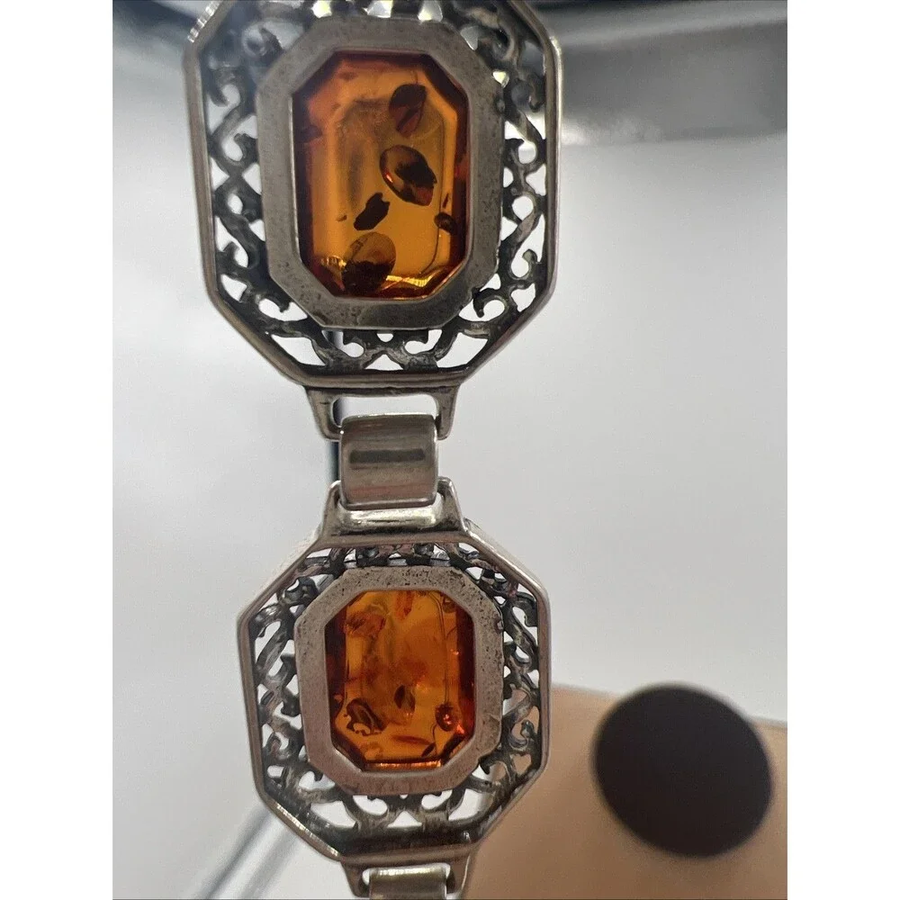 Vintage Bohemian Style Sterling Silver Amber Cabochon Link Bracelet